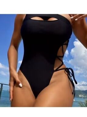 Women's Black Lace-Up One-Piece Swim Suit Name: Side Piece